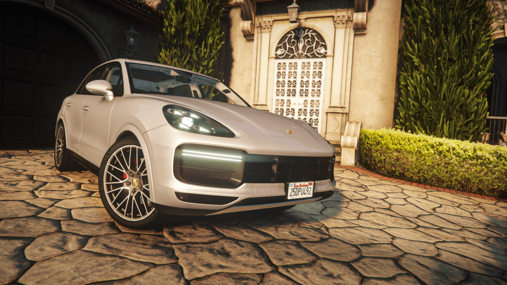 A customized, with the help of car mods, white modern vehicle.