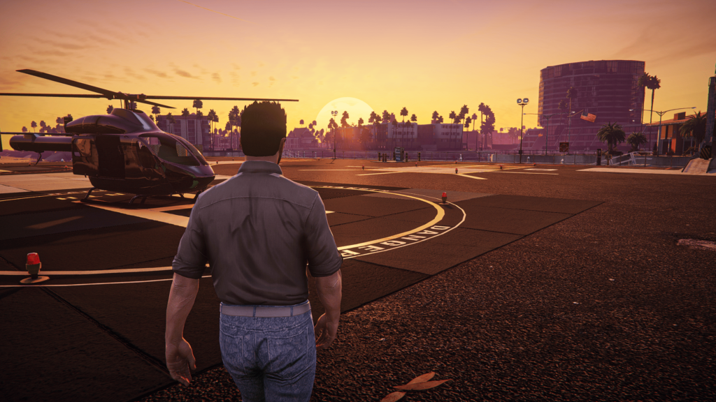 The player is exploring the helipad in the retro-themed world of GTA V.