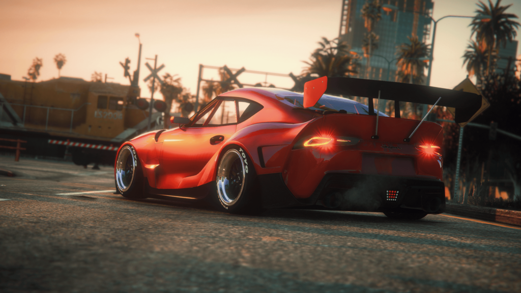 A striking red sports car modified for high performance and aesthetic appeal thanks to the car mods